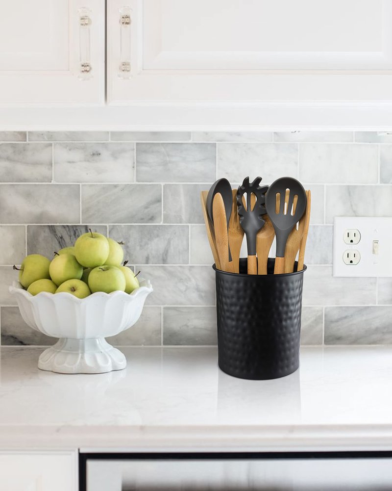 Monarch Abode Kitchen Utensil Holder – Hand Hammered Metal Black Utensil Holder, Decorative Utensil Crock for Kitchen Counter, Cooking Tool and Spatula Holder for Countertop, Caddy Organizer