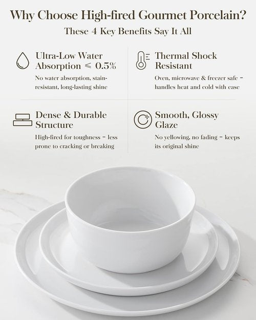 MALACASA 24-Piece Gourmet Porcelain Dinnerware Set - Premium Chip & Scratch Resistant Dishes for 8 | White LEXI Series