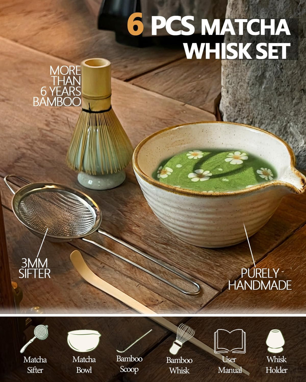 Vaiheng Matcha Whisk Set - Bamboo Whisks, Bowl & Holder | Perfect Gift for Tea Lovers & Home Decor