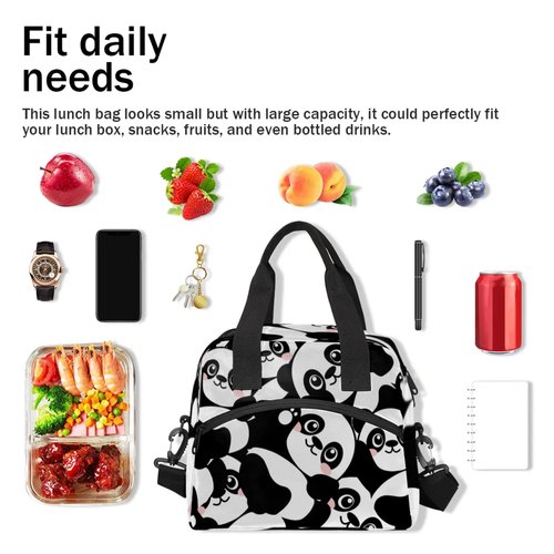KATHRYNAYA Panda Lunch Box Cute Reusable Insulated Lunch Bag Thermal Cooler Tote Meal Prep with Removable Shoulder Strap For School Picnic Hiking Work Travel