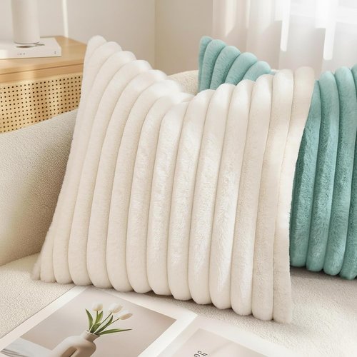 decorUhome Faux Fur Throw Pillow Covers - Set of 2 Soft Plush Striped 18x18 | Modern Farmhouse Cream White