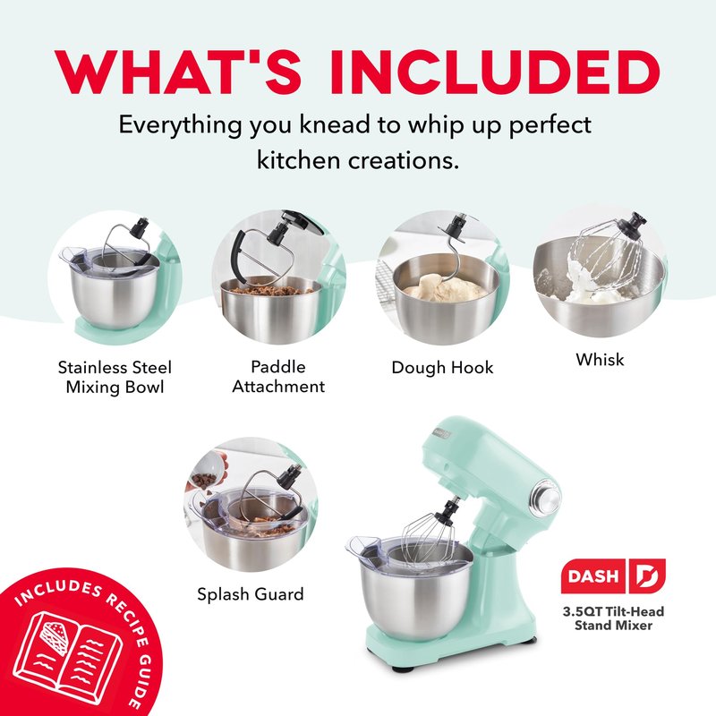 Dash Stand Mixer - Tilt-Head Electric Stand Mixer with Stainless Steel Bowl and Splash Guard For Baking - Aqua, 3.5-Quart