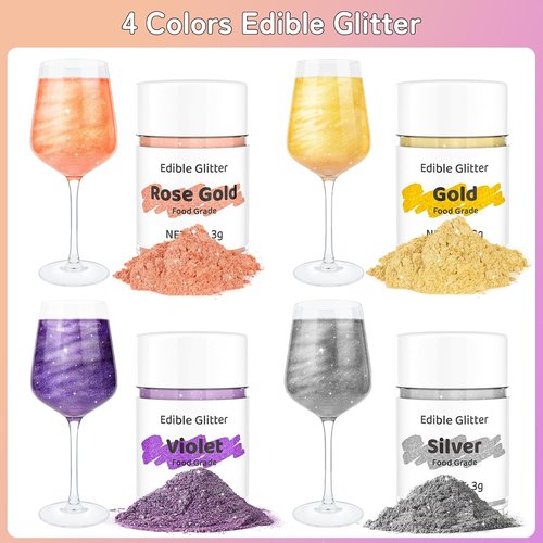 Cherrysea Edible Glitter Drink Shimmer - 4 Vibrant Colors, No Taste, Food Grade Luster Dust | 3g/Bottle