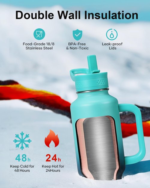 BUZIO Stainless Steel Water Bottle Fits in Cup Holder with Straw Spout Lid, 40 oz Insulated Tumbler with Handle, Double Wall Travel Mug Keep Cold 48hrs Hot 24hrs, Caribbean Blue