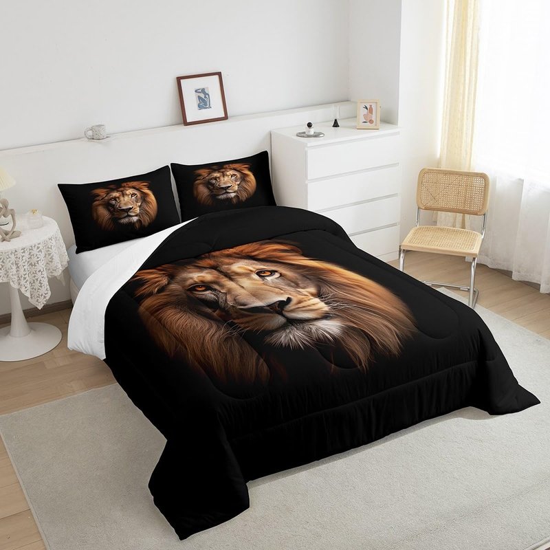 Homewish Lion Kids Comforter Set Twin Size,Wild Animals Wildlife Fur Bedding Set,Girls Boys Women Room Decor,Jungle Animals Hunting Down Comforter,Brown Black Retro Duvet Insert,1 Pillowcase