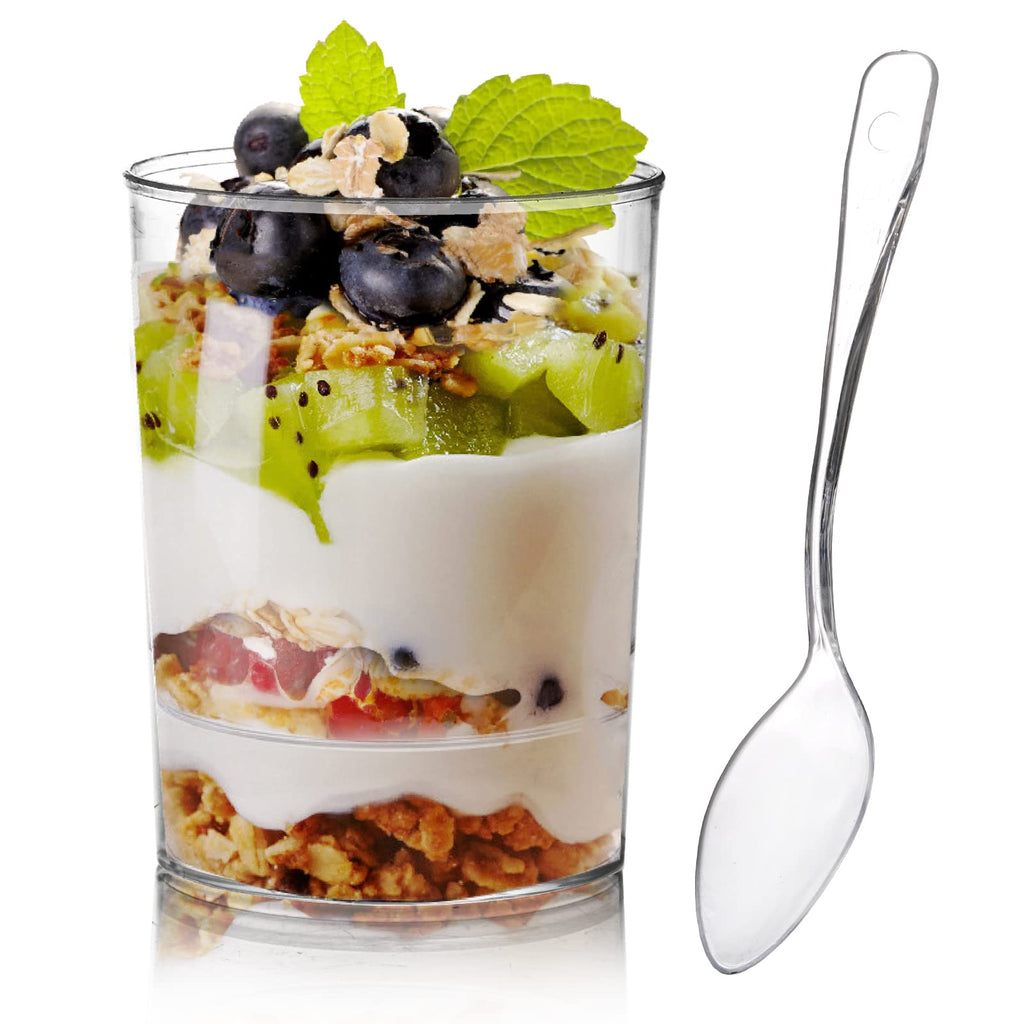 Okllen 100 Pack Mini Dessert Cups with Spoons, 3 Oz Round Shot Cups Plastic Dessert Shooters, Appetizer Parfait Cups Shot Glasses for Chocolate Desserts, Ice Cream, Puddings, Tasting Party