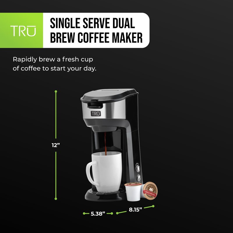 Tru Single Serve Dual Brew Coffee Maker - Premium Brewer for Coffee Capsules or Grounds - Features Self-Cleaning Function & Removable Drip Tray - Great Holiday or Birthday Gift