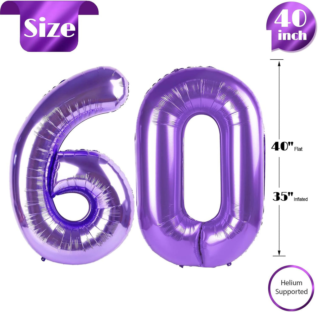 Purple Number 60 Balloon - 40 Inch Giant Foil Balloon for 60th Birthday Party Decorations