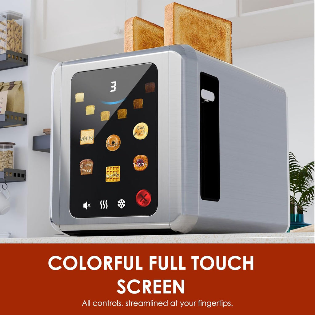 WHALL Stainless Steel 2-Slice Toaster - Full Touch Screen, Digital Timer, 6 Bread Types & Shades, Silver