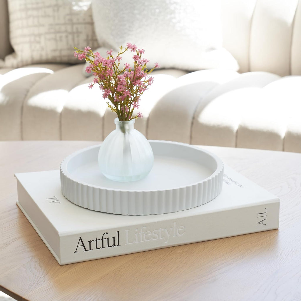 Skiennix Decorative Concrete Tray Set | Scalloped Design & Linen Box for Stylish Home Decor - Perfect for Living Room or Housewarming Gift