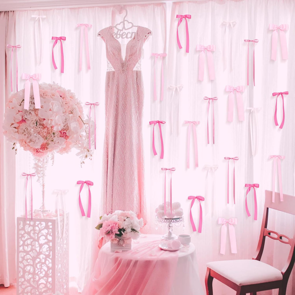 Skiennix Pink Bow Wall Decor - 40 Pcs DIY Ribbon Bows Garland for Birthday, Baby Shower & Room Decor