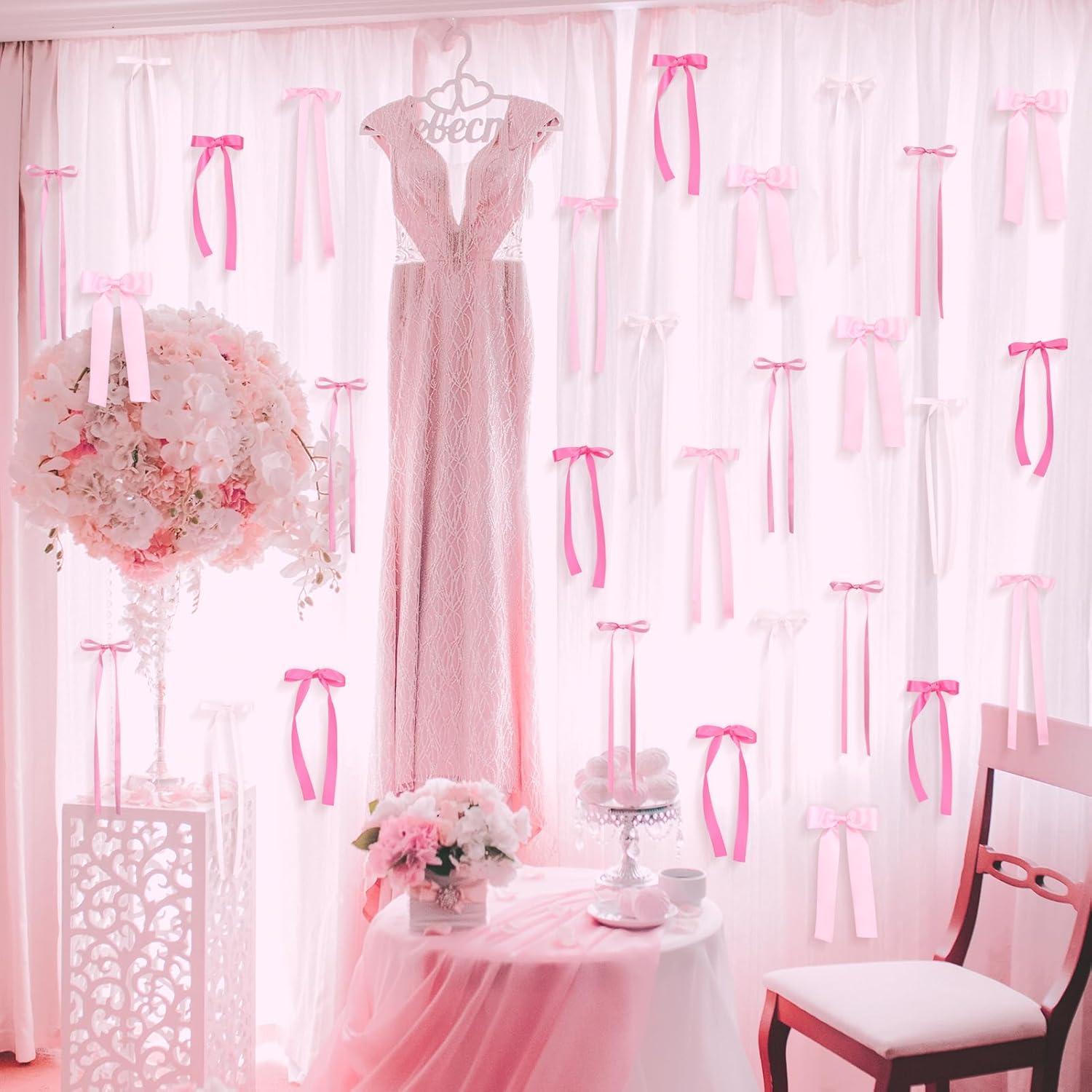 Skiennix Pink Bow Wall Decor - 40 Pcs DIY Ribbon Bows Garland for Birthday, Baby Shower & Room Decor