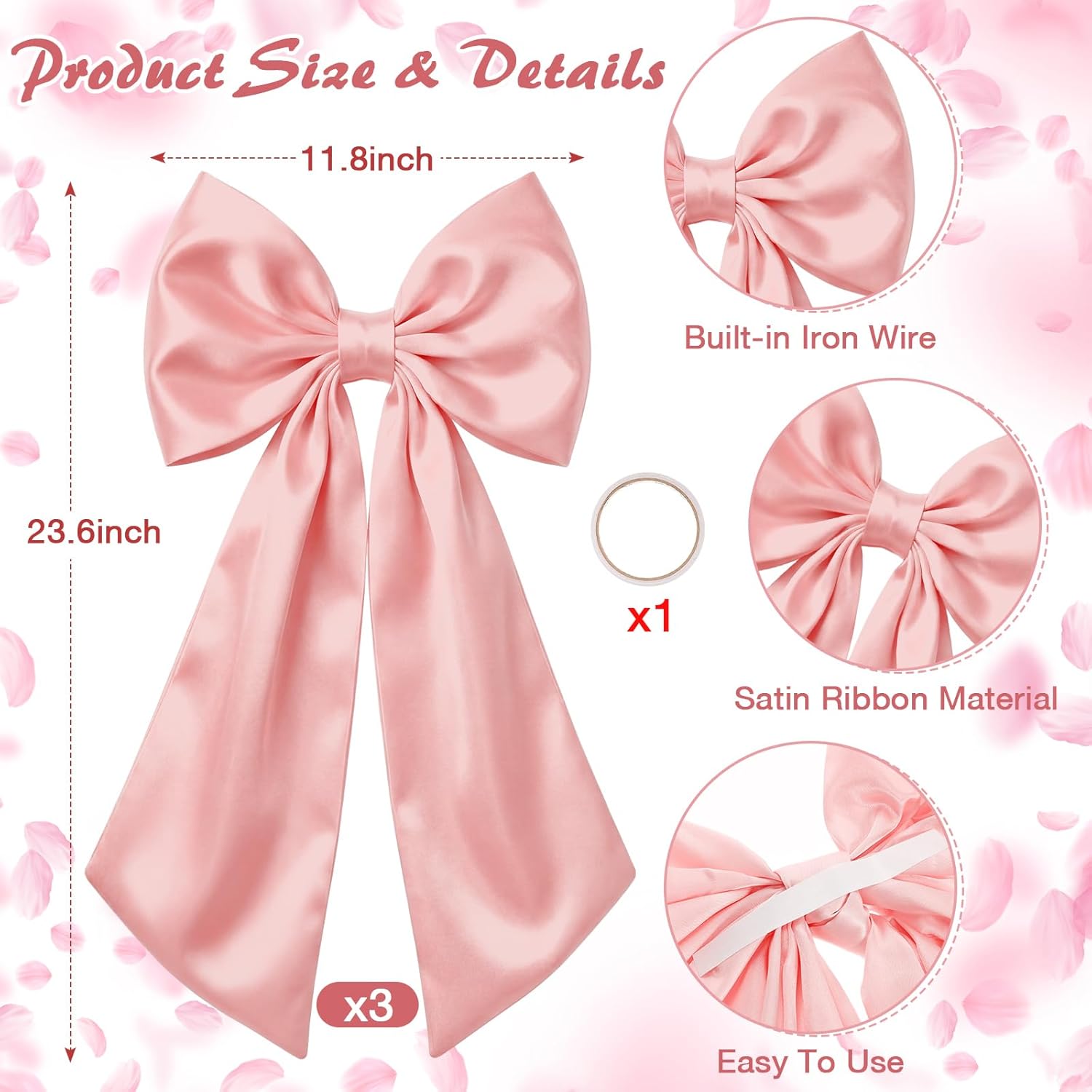 Suncalla Large Pink Satin Bow Decorations - 3 Pcs 2 Ft Hanging Wall Decor for Weddings & Parties