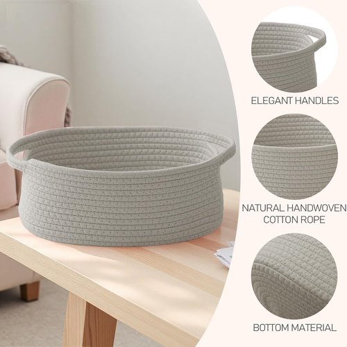 JMvicyroam Woven Basket - Small Rope Storage Bin with Handles | Grey 2-Pack for Organizing Shelves and Closets