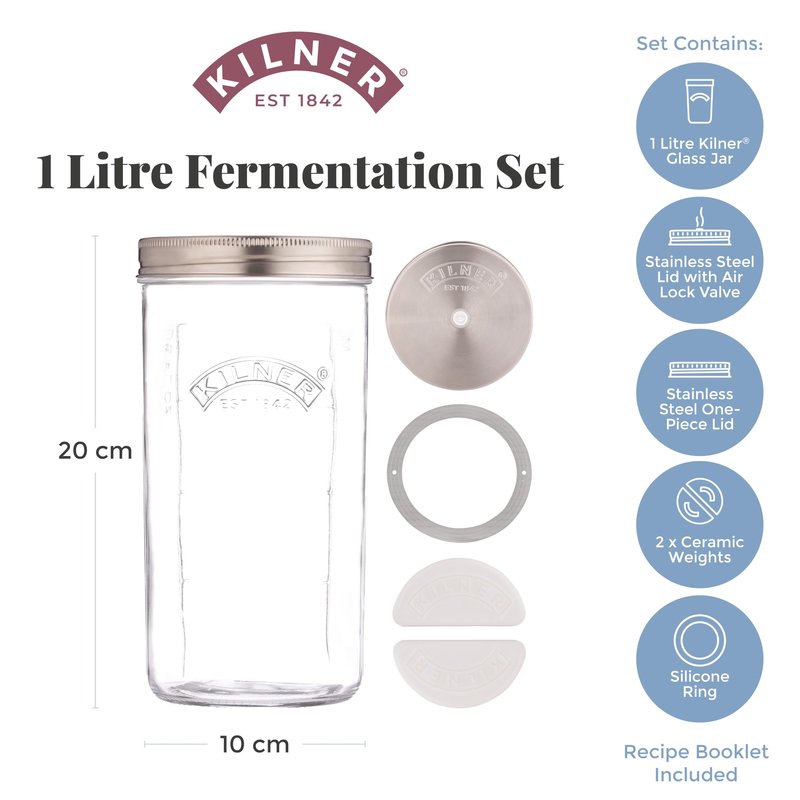 Kilner 1 Litre Fermentation Jar Set Wide Mouth Glass Jar with Silicone Valve Lid, Ceramic Weights & Recipe Booklet, Ideal for Small Batch Fermentation
