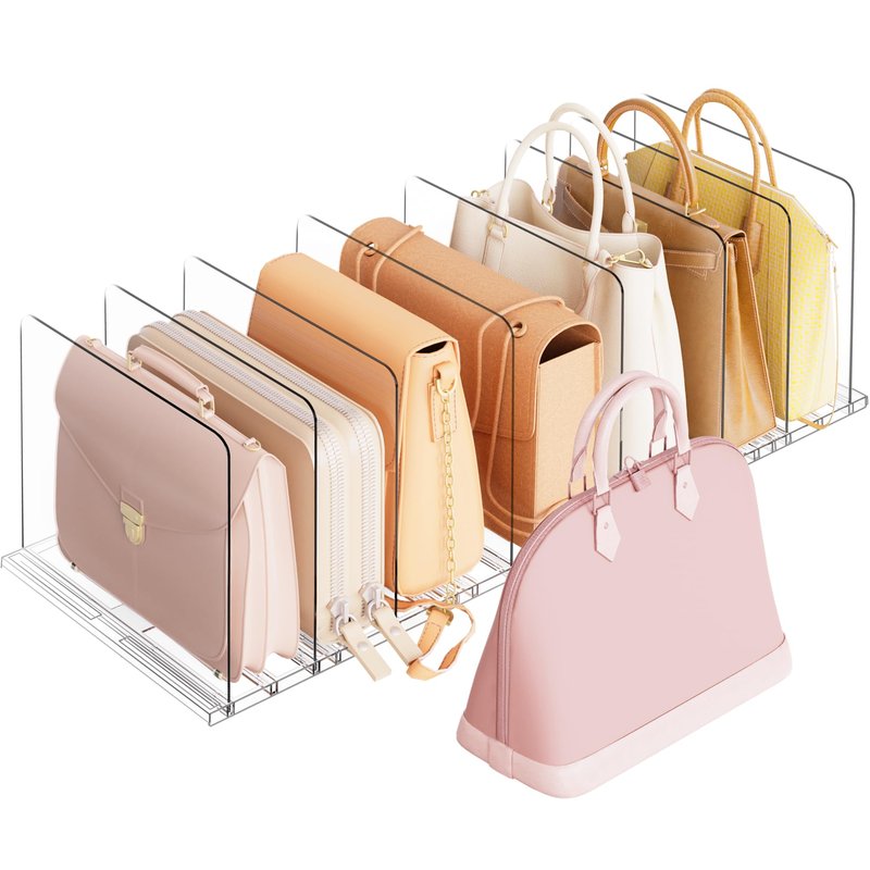 Criusia Adjustable Closet Purse Organizer Rack – 28.8" Extra-Long Shelf Divider with 12 Base Panels & 16 Dividers – Non-Slip Handbag Holder for Bags, Clothes, Kitchen, Office