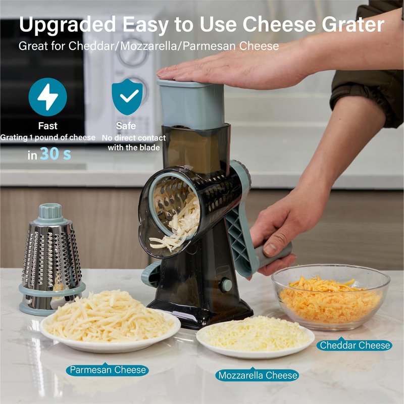 ALEXPHY Rotary Cheese Grater hand crank 3 blades with Stronger Suction Base | Stainless Steel Blades for Fruits, Vegetables, Nuts. Dishwasher Safe & Easy to Clean, Transparent Black & Blue