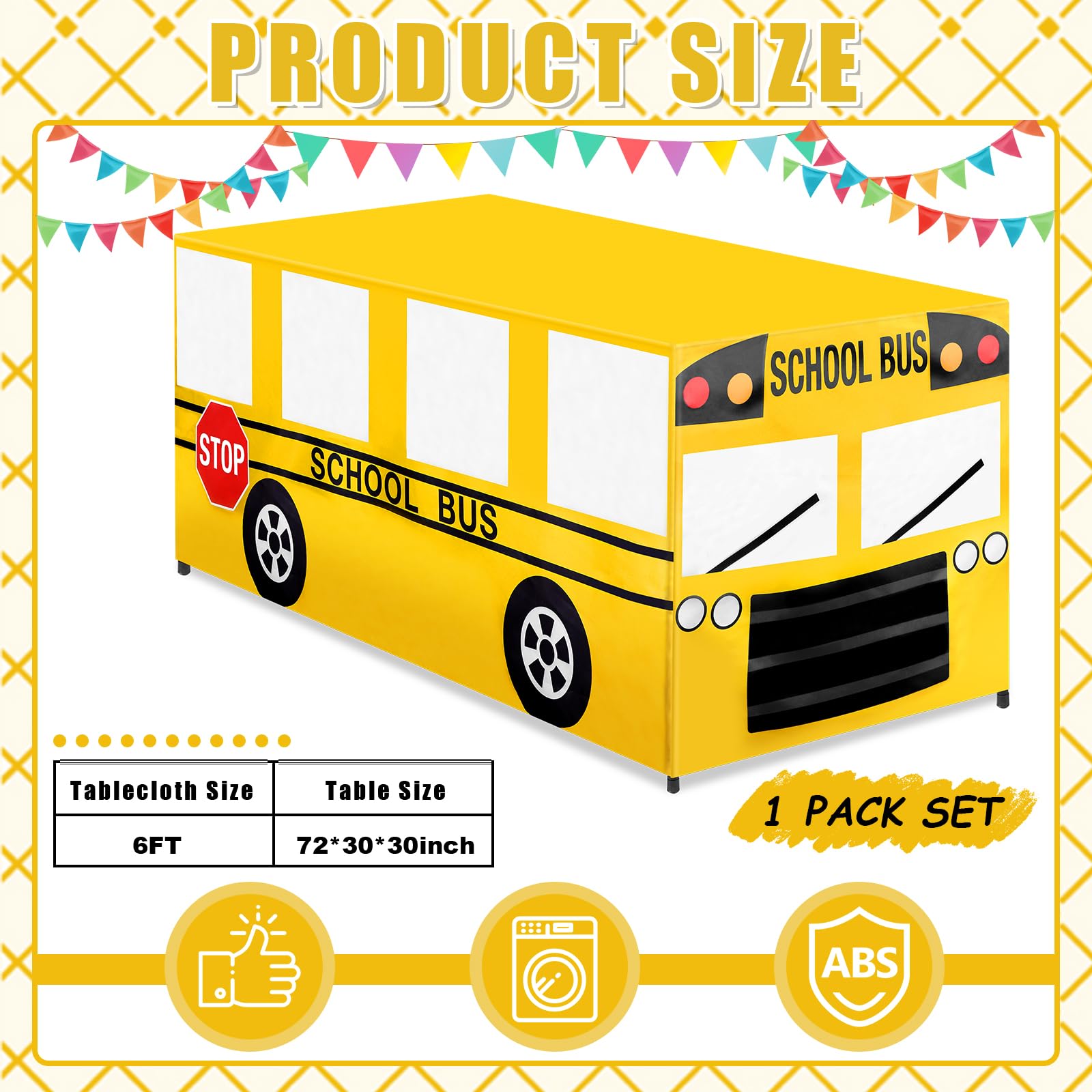 6 Ft School Bus Tablecloths Birthday Party Decorations School Bus Theme Table Cover Washable Fabric Polyester Rectangle Table Covers Protector for School Kindergarten Back to School Party Decorations