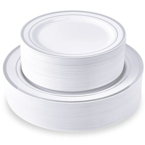 JollyPack 100 Piece Disposable Silver Plastic Party Plates, Including 50 10 Inch Dinner Plates and 50 7 Inch for Dessert, Great for Parties, Weddings, Home Use, and Christmas
