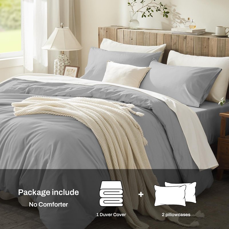 DCSKY Duvet Cover Full,100% Egyptian Cotton 1600 Thread Count, Soft, Breathable, Skin-Friendly, Moisture-Wicking Bedding Set with Zipper Closure & Corner Ties(Grey, 80x90 inches)