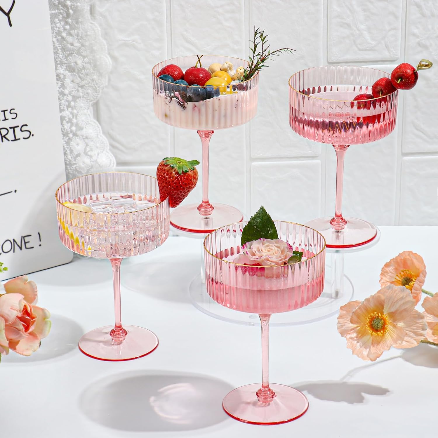 Skiennix 12 PCS Pink Ribbed Coupe Glasses - 10oz Vintage Cocktail Cups with Detachable Gold Rim