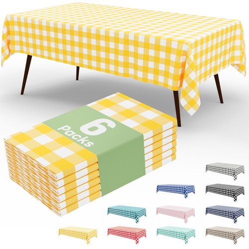 misaya 6 Packs Buffalo Disposable Table Cloth, 54 x 108 Inch Waterproof Plastic Tablecloth, Rectangle Yellow and White Checkered Table Covers for Picnic, Birthday, Party