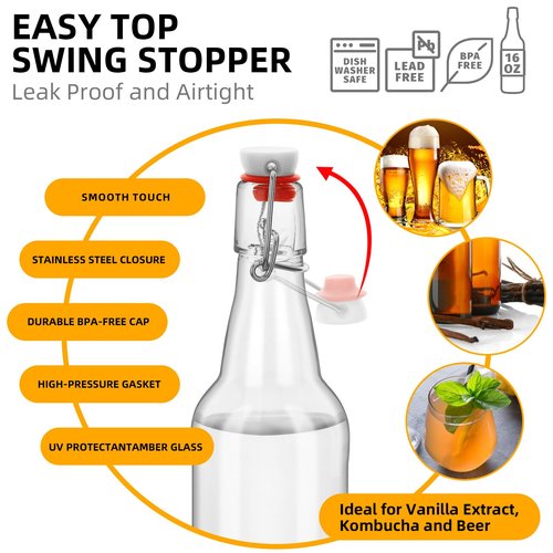 eispap 3 pcs Clear 16oz Beer Bottles with Flip Caps, 16oz Glass Bottle with Swinging Top for Airtight Lids, Home Brewing and Fermentation Kombucha, Vanilla Extract, Beverage, Water
