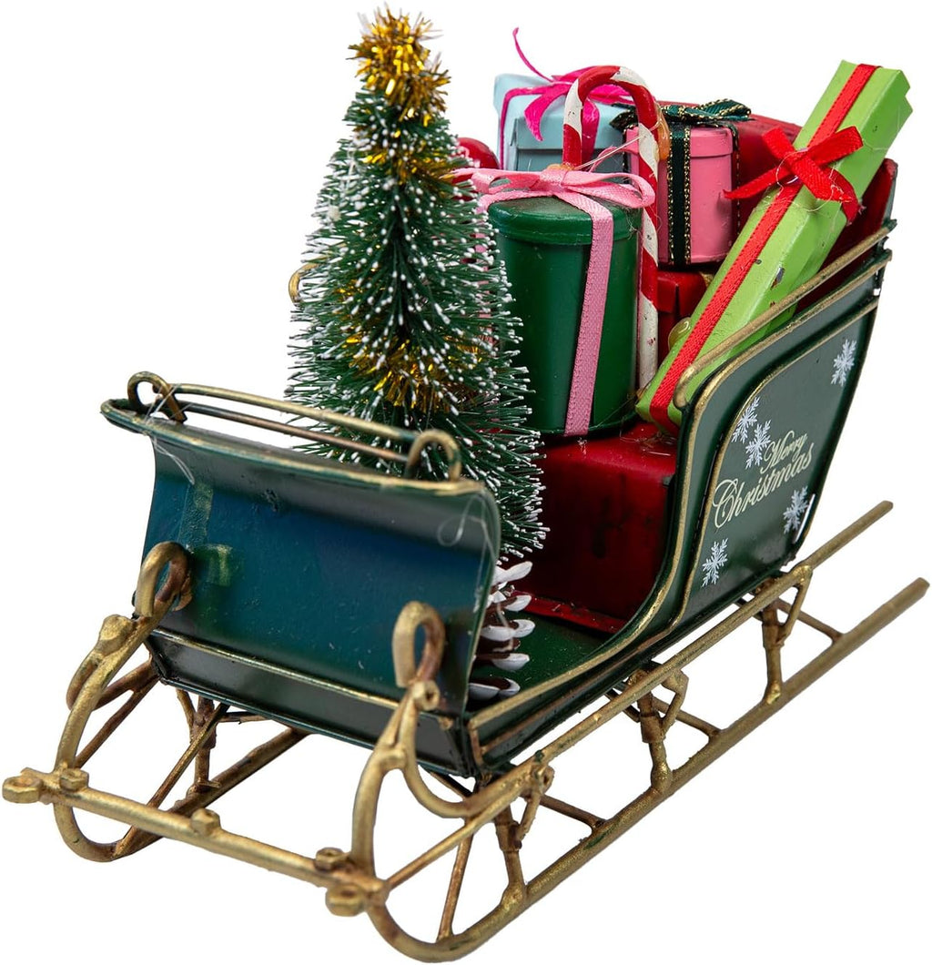 YCHTEWY Red Santa Sleigh Christmas Decor - Rustic Metal Tabletop Holiday Decoration (6.7")