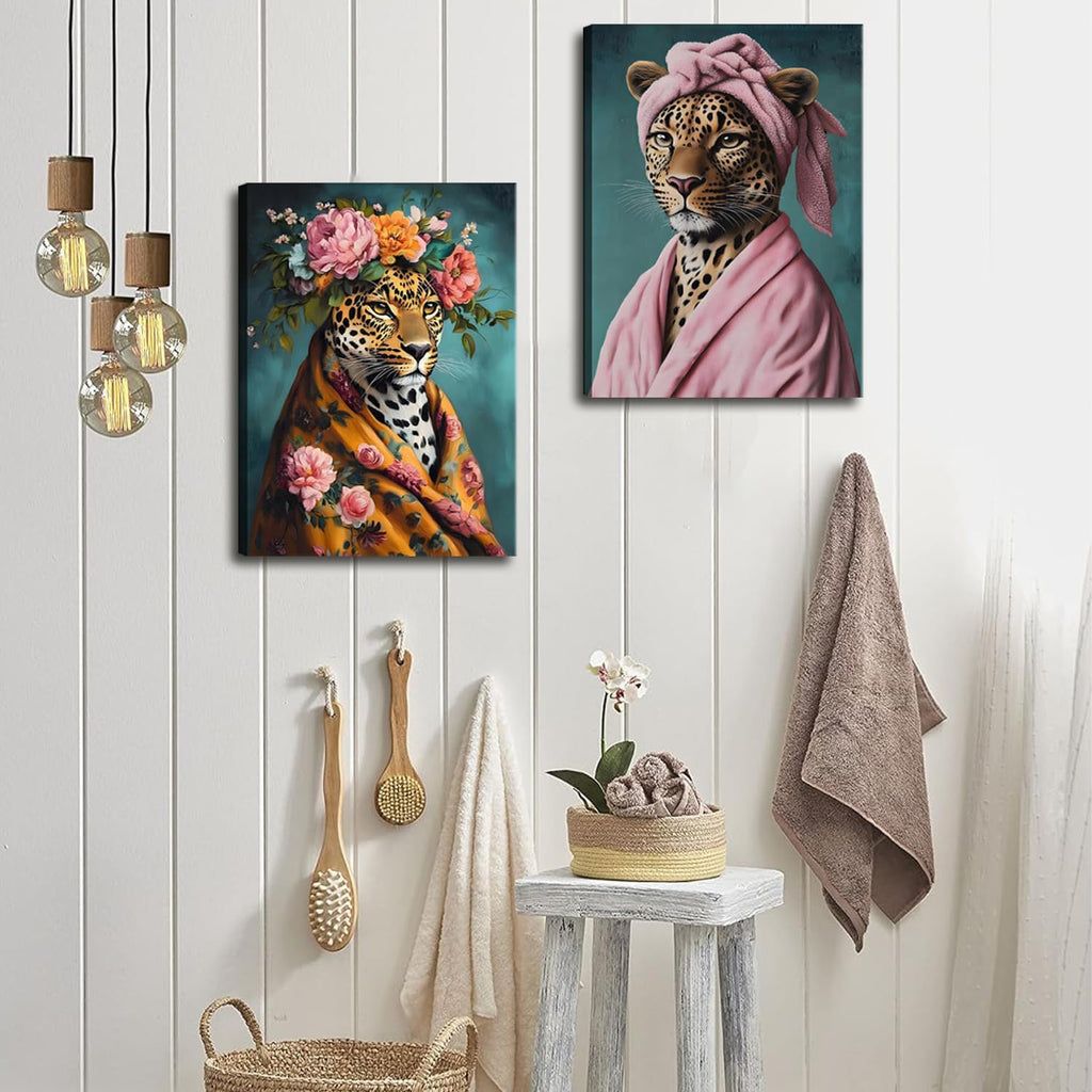 Regine Switzerland Funny Leopard Bathroom Wall Art Set - Eclectic Animal Canvas Prints | 12x16 Inch Framed Decor