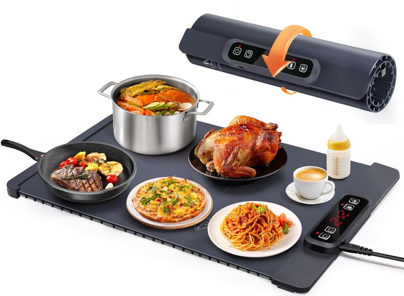 AUTOPkio Food Warming Mat, Rapid-Heat Electric Warming Tray with 5 Adjustable Temperature Settings, 1-4H Auto Shut-Off Timer & Child-Safe Lock, Roll-Up Design for Buffets, Parties & Family Gatherings