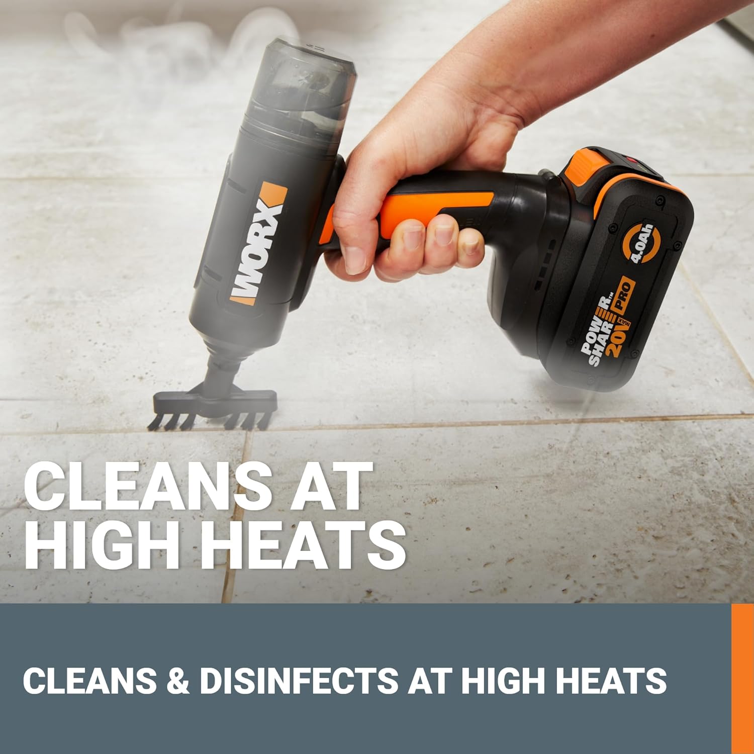Worx 20V SteamStorm Cordless Handheld Steam Cleaner - Lightweight & Portable with 8-Second Preheat | Includes Accessories