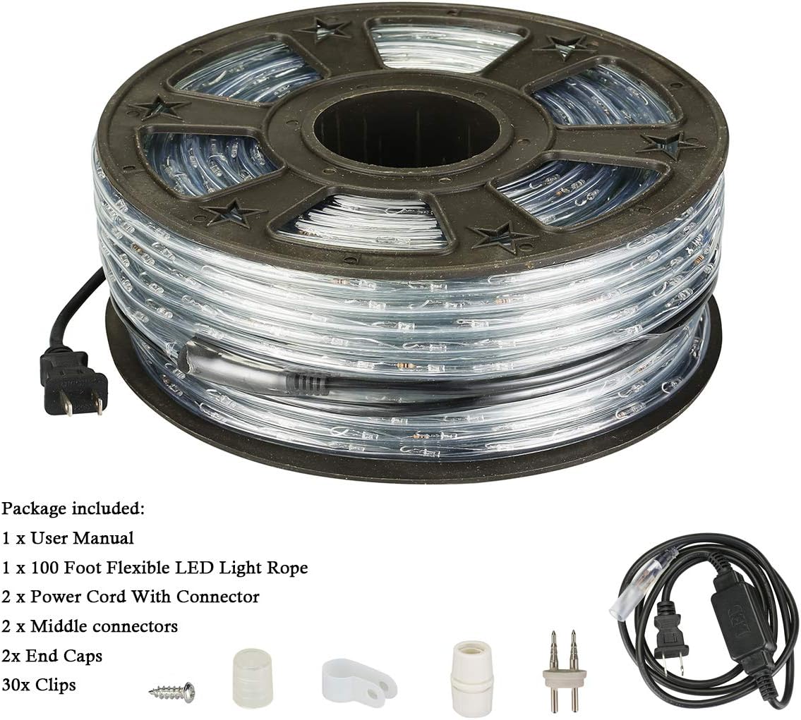 Skiennix 100Ft LED Rope Lights - Warm White, Waterproof Indoor/Outdoor, 1080 LEDs for Garden & Patio Decor