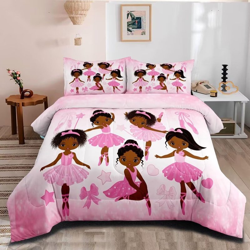CKOU CCOO Girls Pink Ballerina Comforter Set Full,African American Black Girl Bedding Set,Cute Little Ballet Princess Comforter Set Bedspread for Kids Toddler Girls BeBedroom Set Room Decor