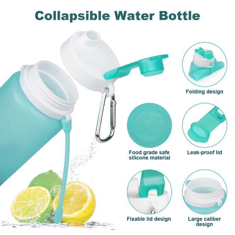 PLTCAT 2 Pack Collapsible Water Bottle, 19oz Foldable Bottle BPA Free Reusable Lightweight Leak-Proof Travel Silicone Water Bottle for Travel, Gym, Hiking, Office, Camping（Green and Blue）