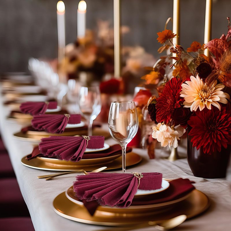 Buryeah 48 Pcs Cotton Linen Cloth Napkins with Fringe 16.5 x 16.5 Inch Square Rustic Dinner Linen Napkins Bulk for Wedding Party Banquet Dinner (Wine Red)