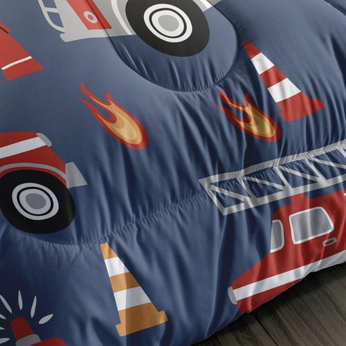 QOOMO Fire Truck Comforter Queen Size,Truck Kids Comforter Set,3Pcs Bedding Set Printed Comforter with 2 Pillowcases,Down Alternative,Soft and Lightweight,for All Seasons