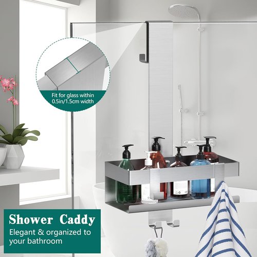 Emibele Over The Door Shower Caddy - Rustproof 304 Stainless Steel Hanging Organizer | Fits Glass Doors Up to 1.5cm, Silver, 23x10x10cm