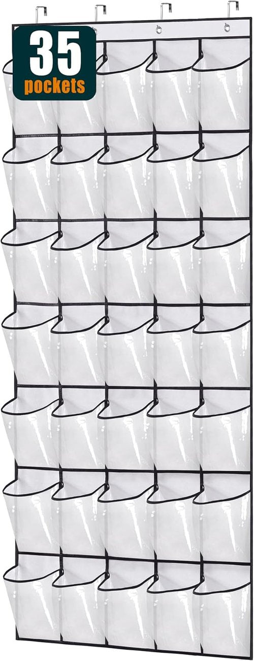 MISSLO Over The Door Shoe Organizer - 35 Clear Large Pockets, Sturdy Oxford Fabric, White
