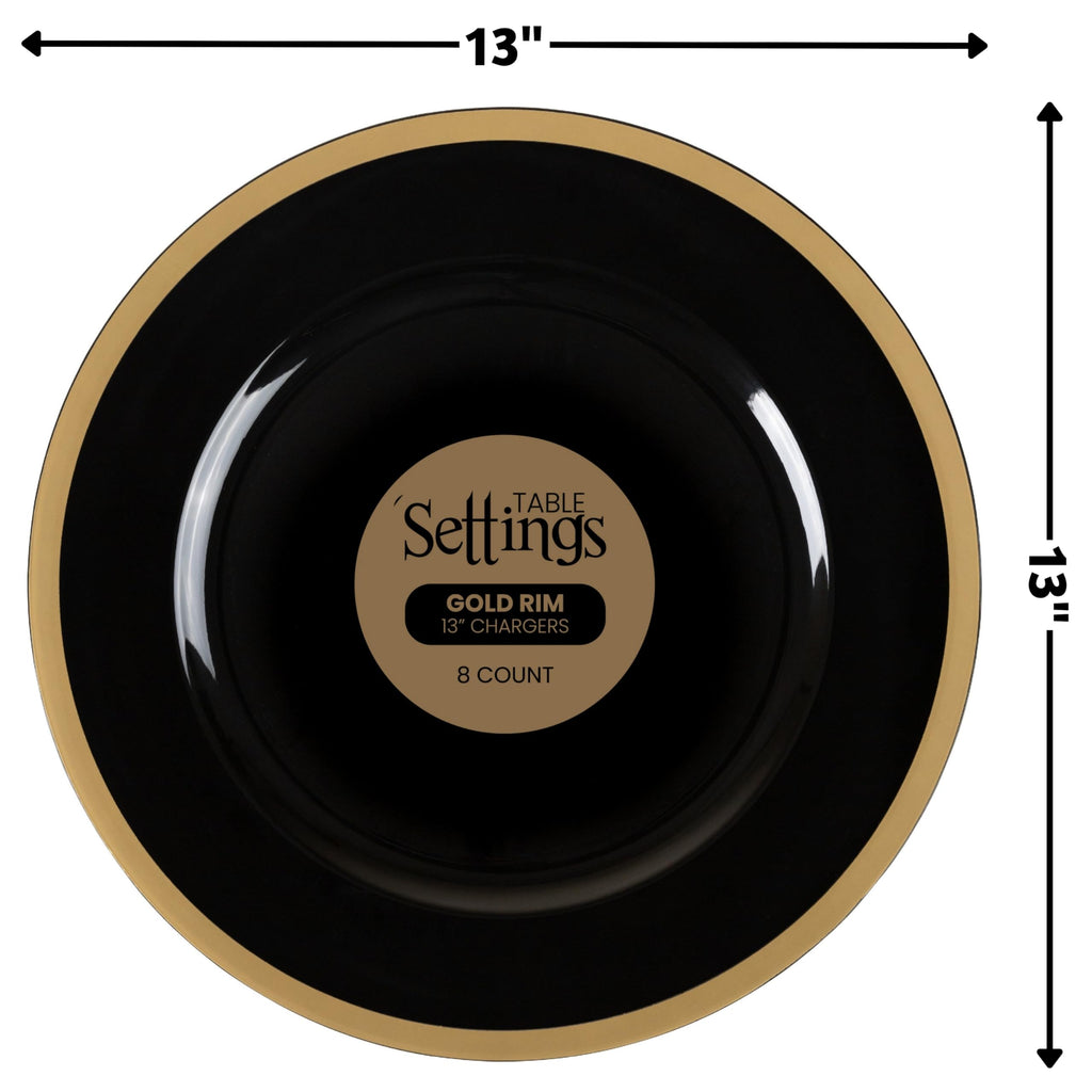 Blue Sky Black and Gold Rim Charger Plates | 13", Set of 8 | Round Elegant Design for Events | Durable Plastic Dinnerware