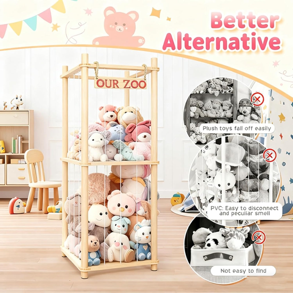 Natural Pine Wood Stuffed Animal Storage by Stuffed Animal Zoo - Space-Saving Plushie Playhouse for Kids