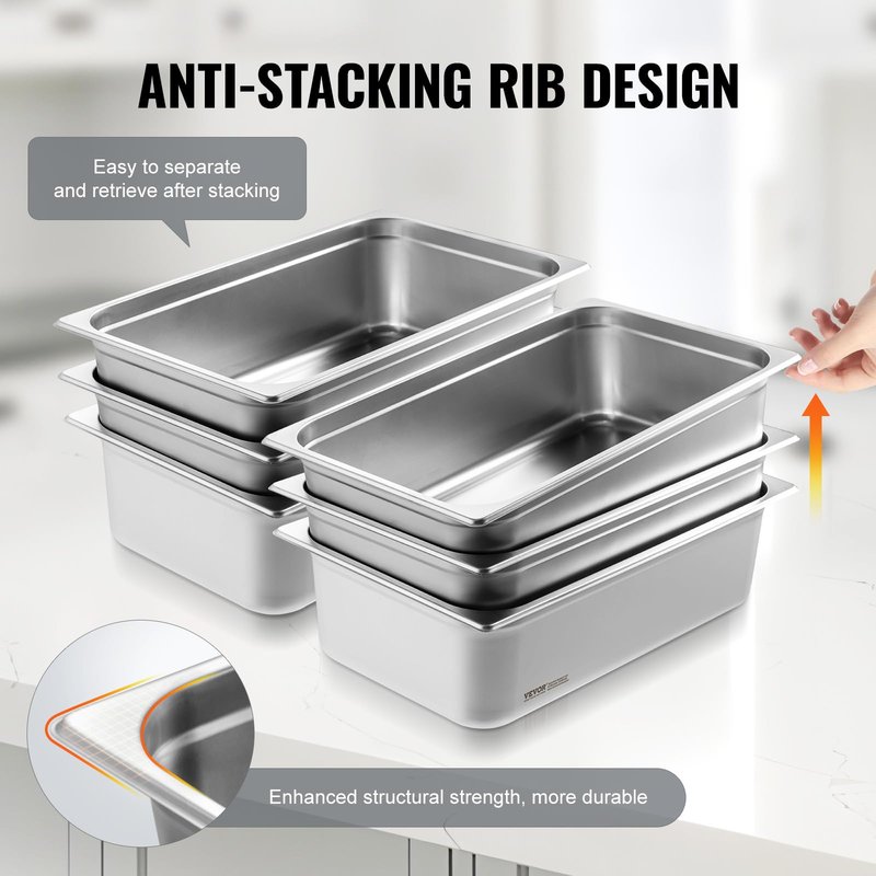VEVOR 6 Pack Hotel Pans, Full Size 0.8mm Thick 6-Inch Deep Commercial Stainless Steel Restaurant Steam Table Pan, Catering Storage Food Pan, for Industrial & Scientific