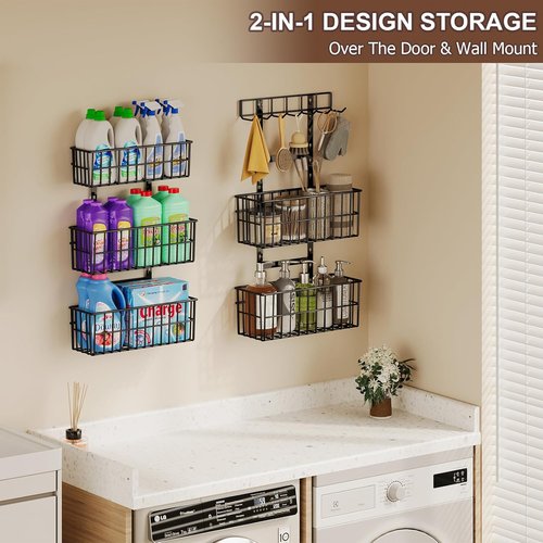 Hongtamoya Adjustable Over The Door Organizer - Metal Hanging Shelf with 5 Baskets & 7 Hooks | Black