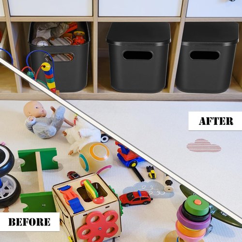 Hoolerry Colorful Storage Bins - 8-Piece Stackable Plastic Organizing Containers with Lids | 9.8 x 7.1 x 6.3 Inch, Black