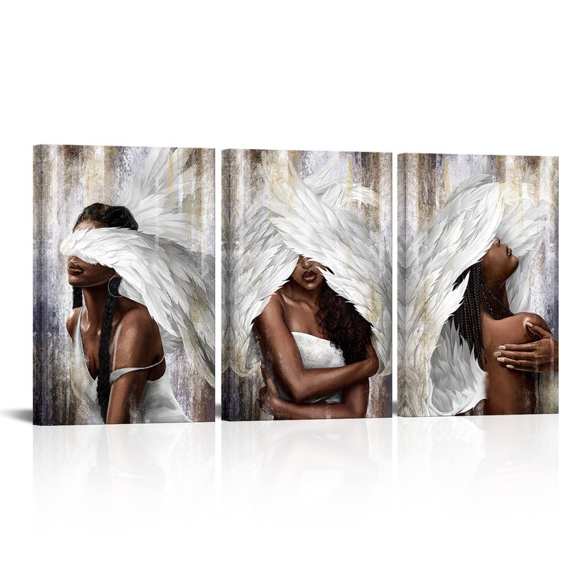 sechars Angel Wall Art Canvas Black Woman with Angel Wings Painting Prints Modern African American Abstract Girl Pictures Artwork for Home Living Room Bedroom Decor (Medium)