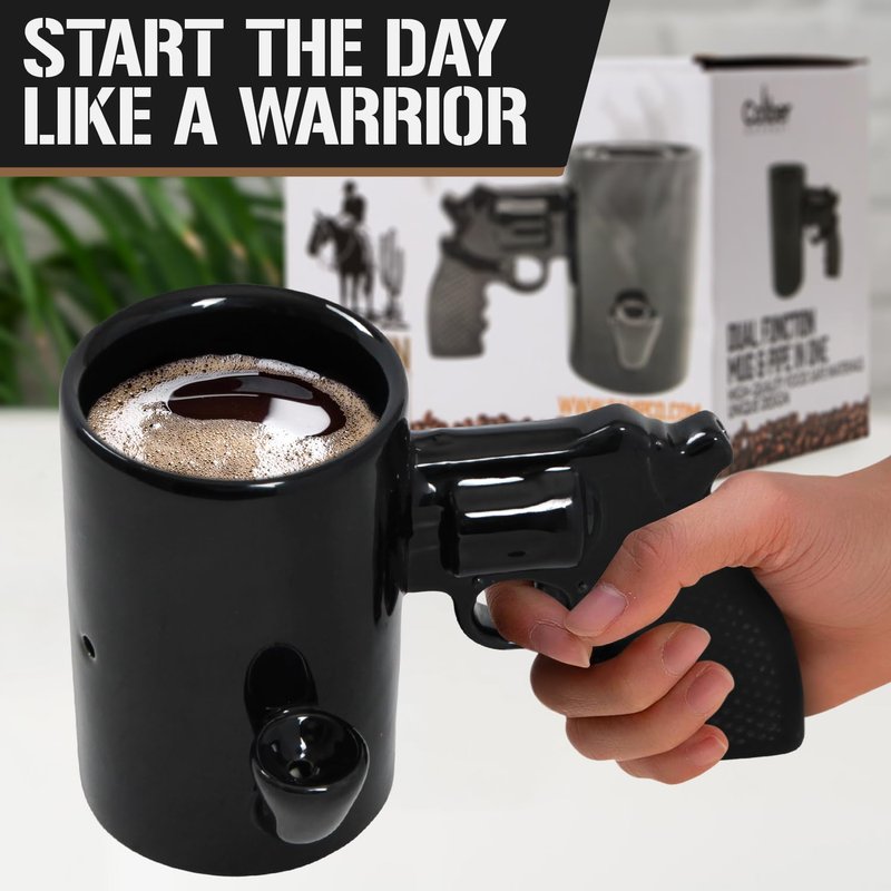 Gun Coffee Mug for Men, Unique Ceramic Wake and Bake Coffee Mug Featuring a Built in Smoke Pipe, Perfect Cup for Who Want Something Functional, Funny and Unforgettable