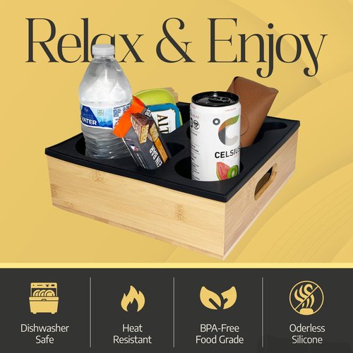 Bamboo Couch Cup Holder – 100% Wood Frame & Removable BPA-Free Silicone – Waterproof Anti-Spill Couch Tray & Couch Caddy for Bed, Sofa & Car Seat – Holds Snacks, Beverages & Remote