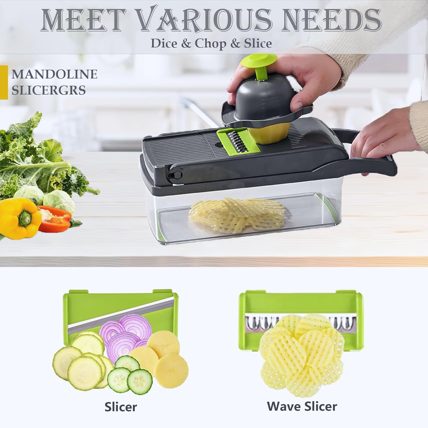 Skiennix Vegetable Chopper Dicer - Stainless Steel Manual Kitchen Gadget with Container & Grater