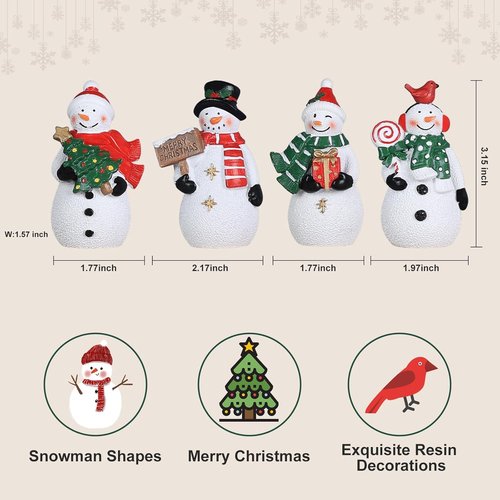 MEETYAMOR Christmas Snowman Ornaments - 4 PCS Rustic Resin Decor for Table & Home | Miniature Collectibles