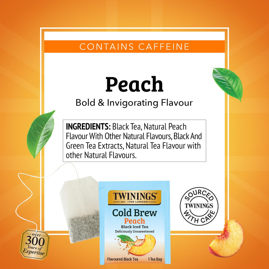 Twinings Peach Cold Brew Iced Tea Bags, 20 Count (Pack of 6), Unsweetened Flavoured Black Tea, Caffeinated, 120 Teabags