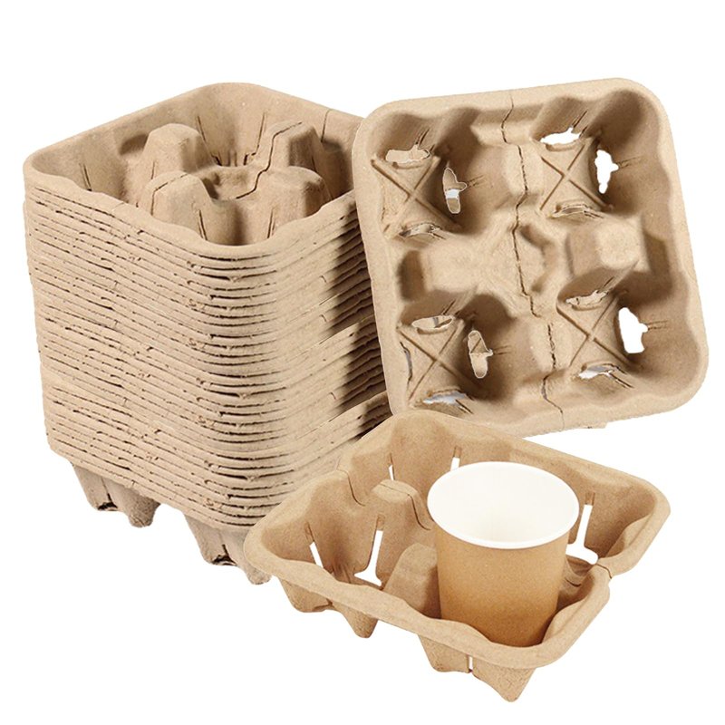 50 Pack 4 Cup Disposable Coffee Tray, Biodegradable and Compostable Cup Holder, Portable Drink Carrier Trays for Hot & Cold Drinks, to Go Coffee Cup Holder for Food Delivery Service Takeout